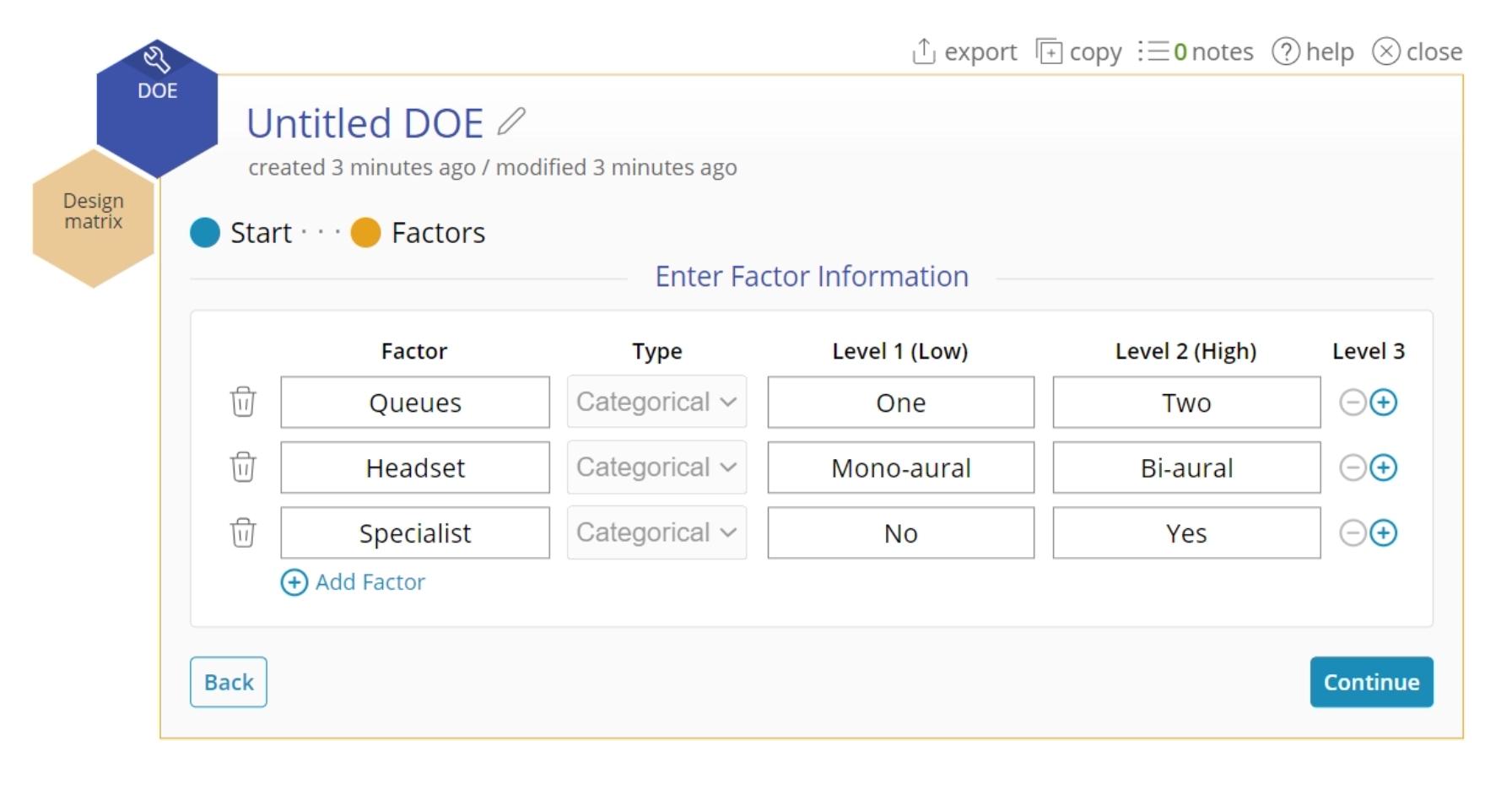 Screen displaying factor selection with three factors, each having two levels.