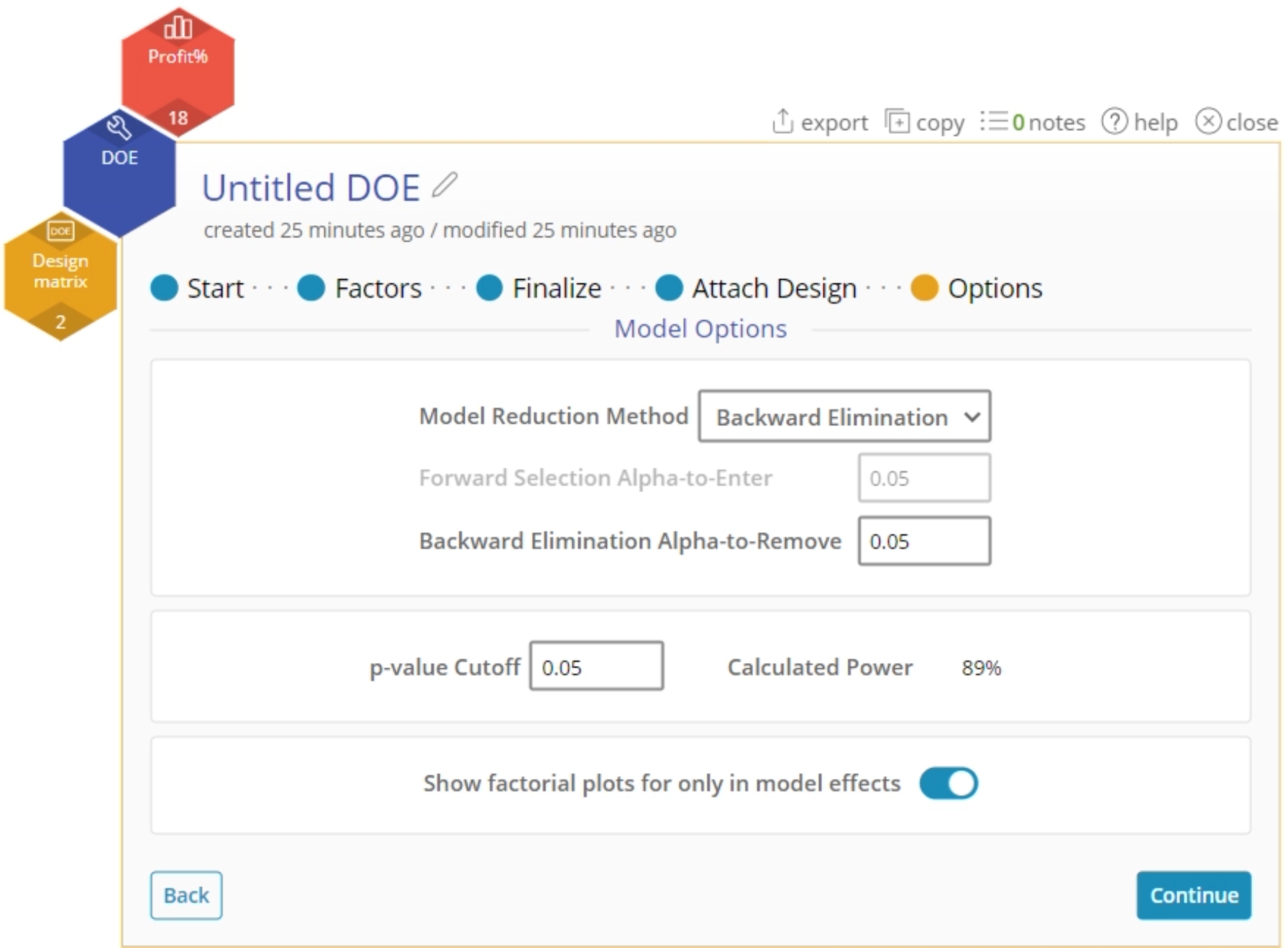 The options screen for a General Factorial design