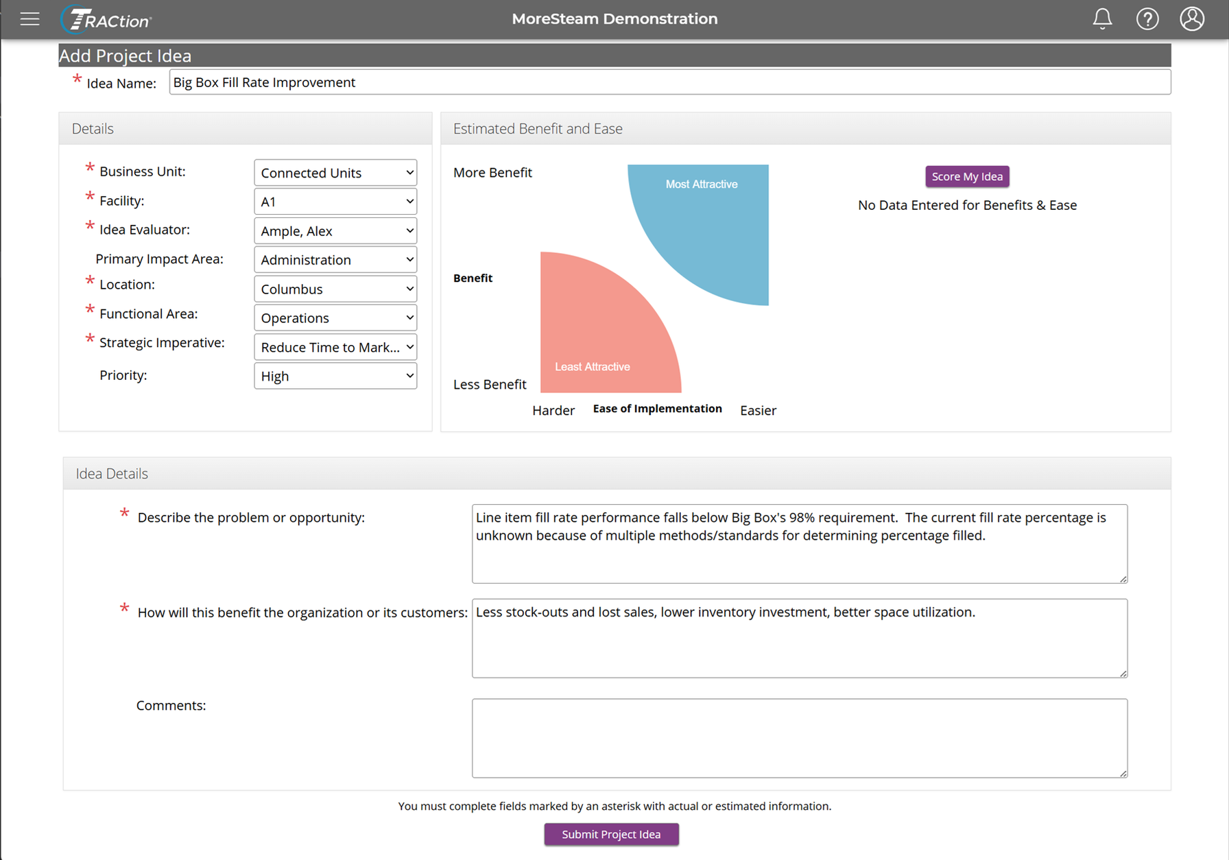 A Project Idea with some dropdown data selected and problem statement and benefits entered.