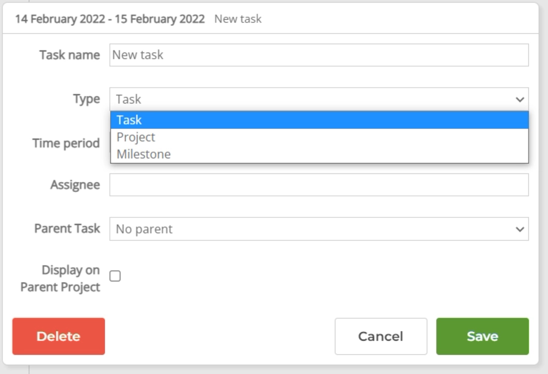 Gantt chart types dropdown menu.