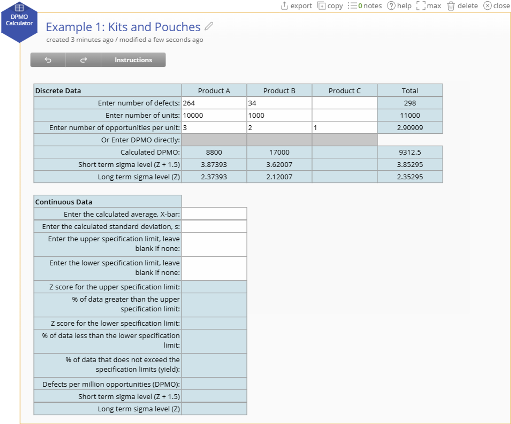 DPMO Calculator Example 1 Screenshot