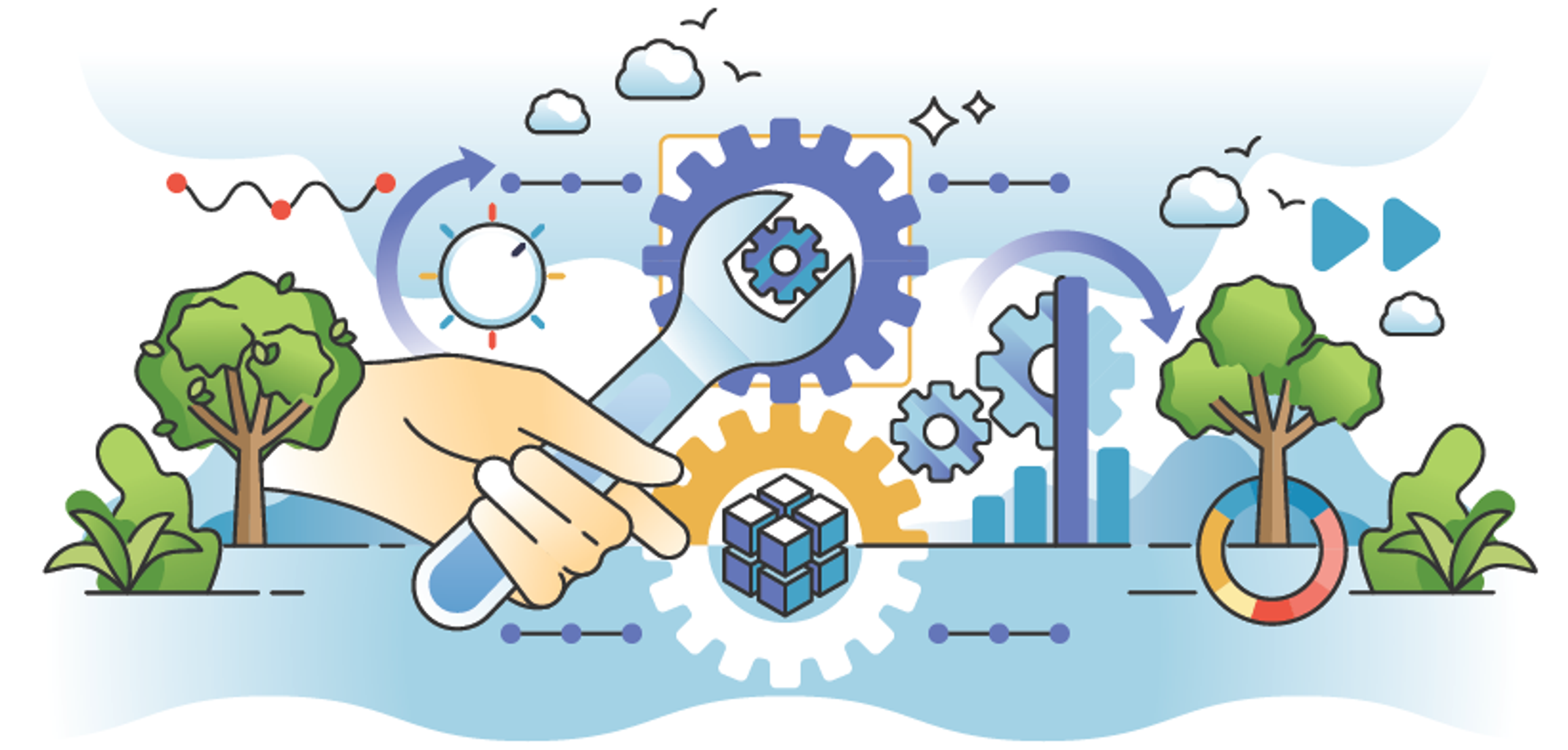Imagery of Sustainable process improvement, gears, wrenches, trees, data