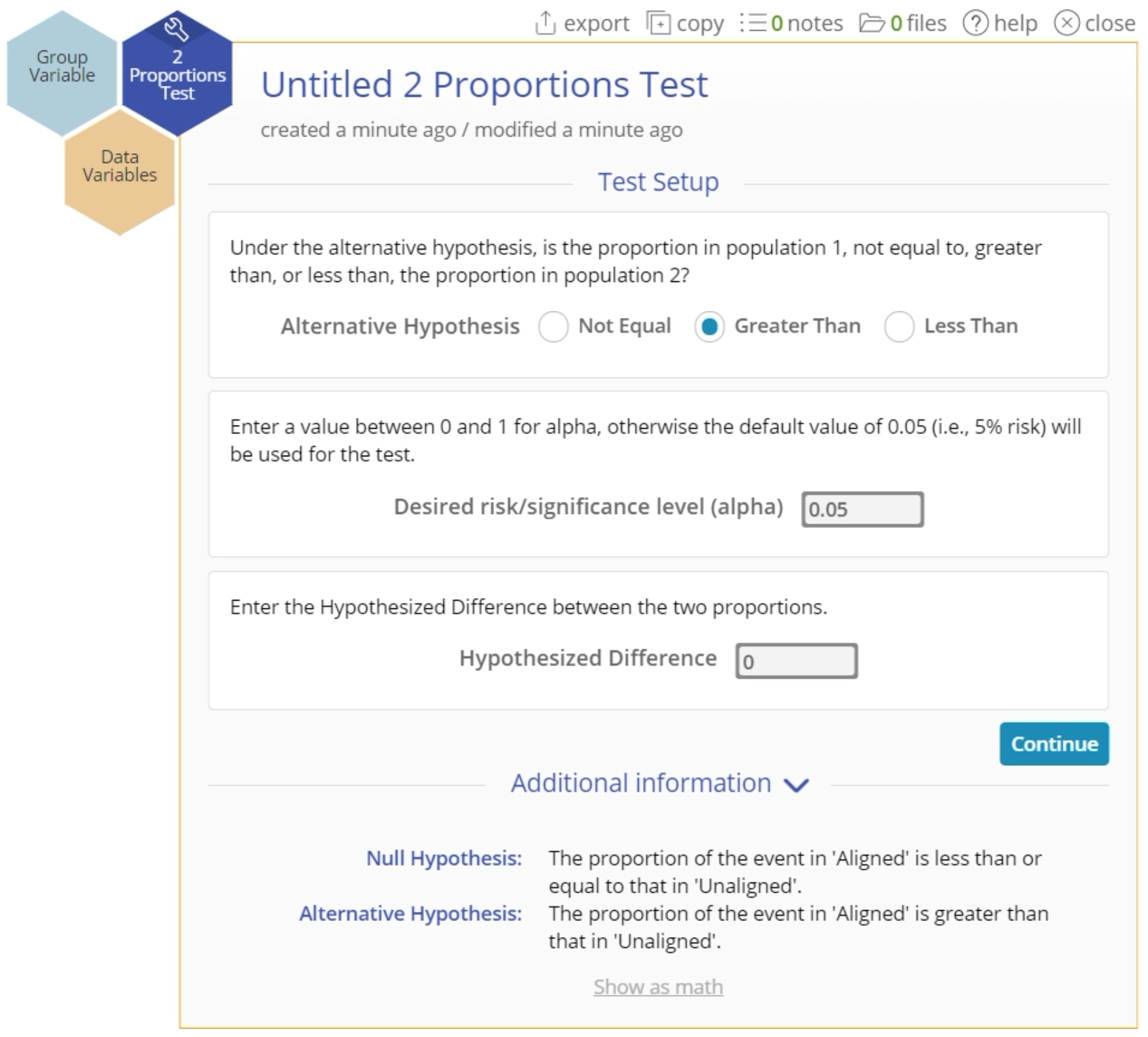 2 proportions test set up menu.
