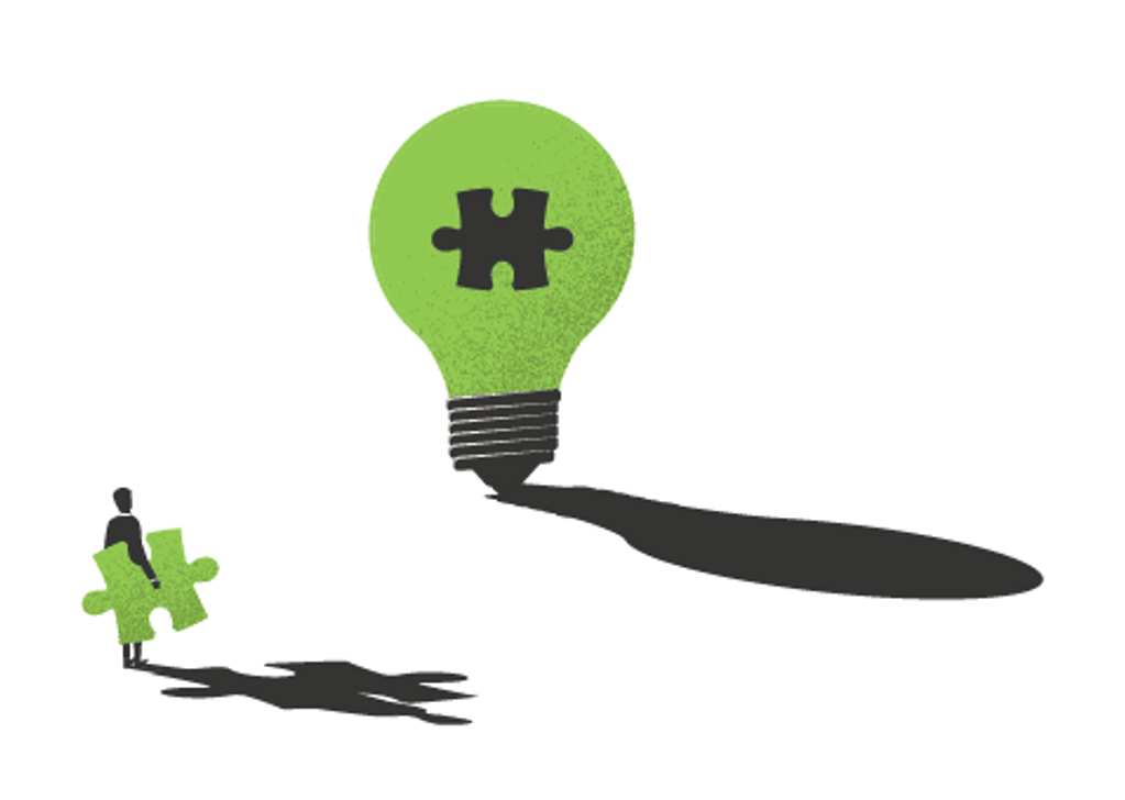 Man holding a green puzzle piece. A large green lightbulb with a missing puzzle piece stands in front of him