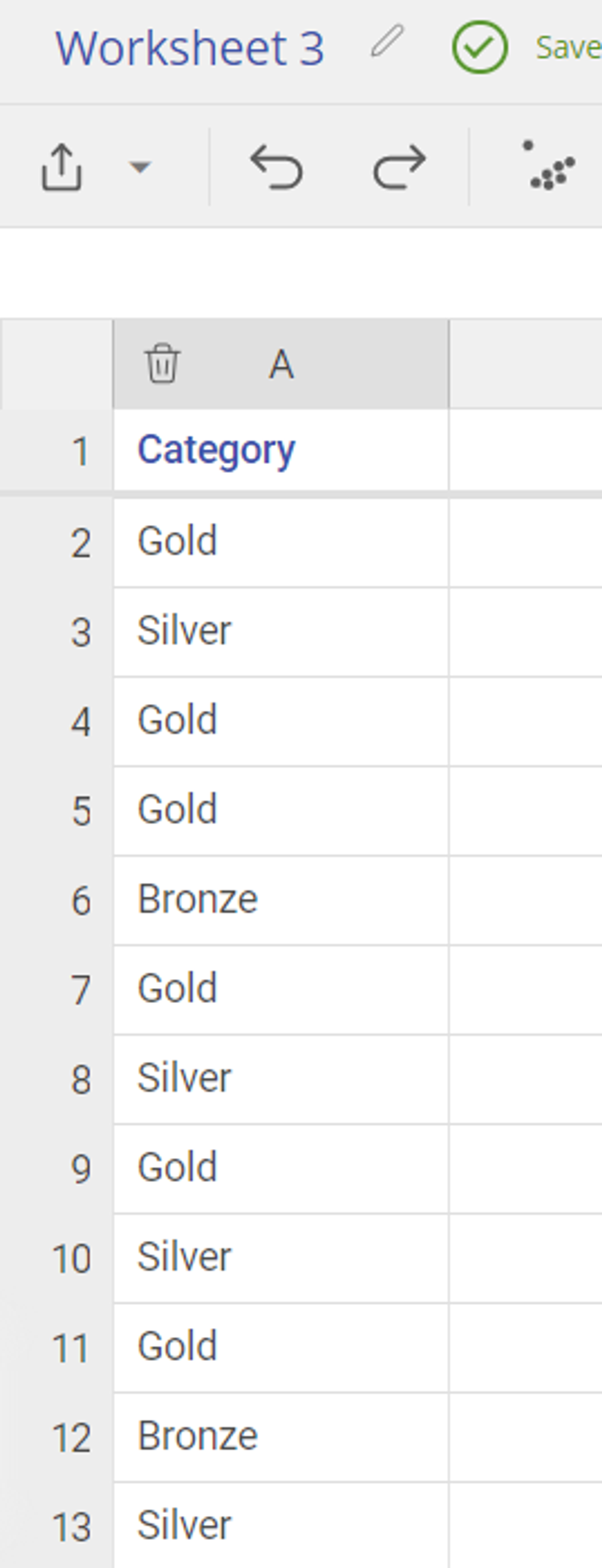 A column of data named Category containing lines of values of Gold, Silver, and Bronze.