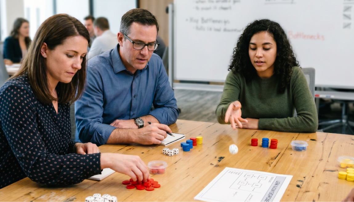 Three participants running the dice game with dice, colored tokens, and a tally sheet