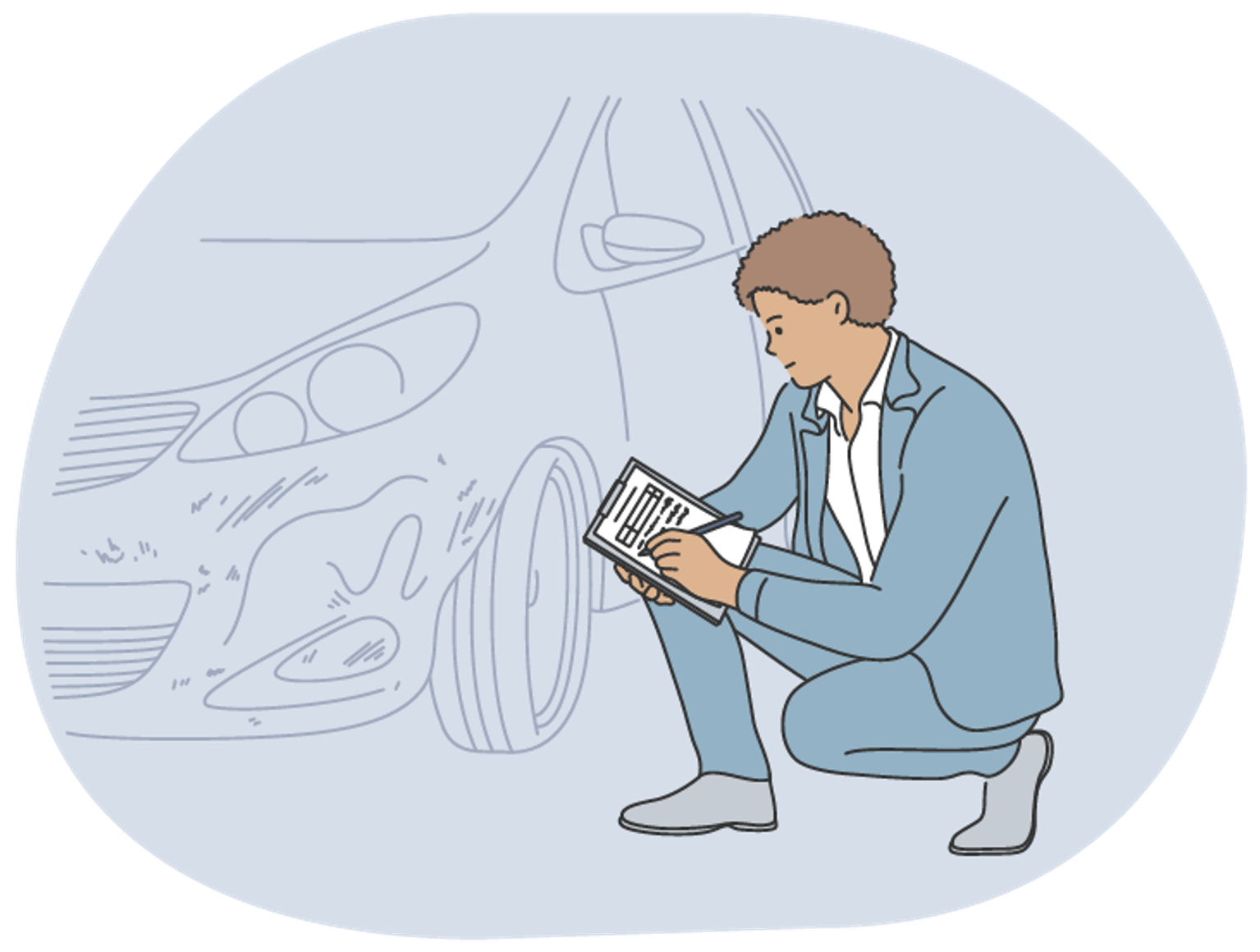 A man kneeling beside a car with a checklist