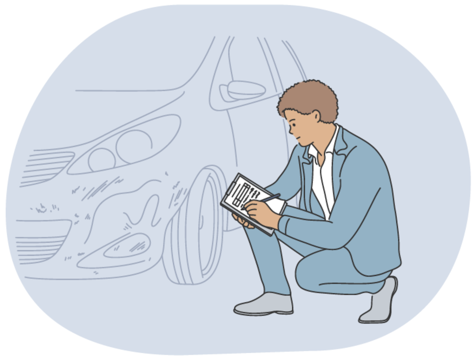 A man kneeling beside a car with a checklist