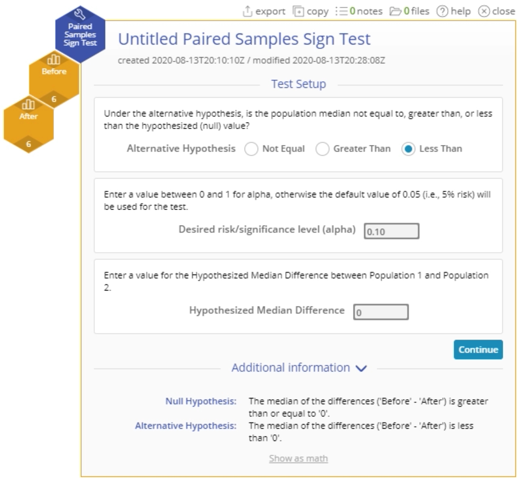 Paired samples sign test set up.
