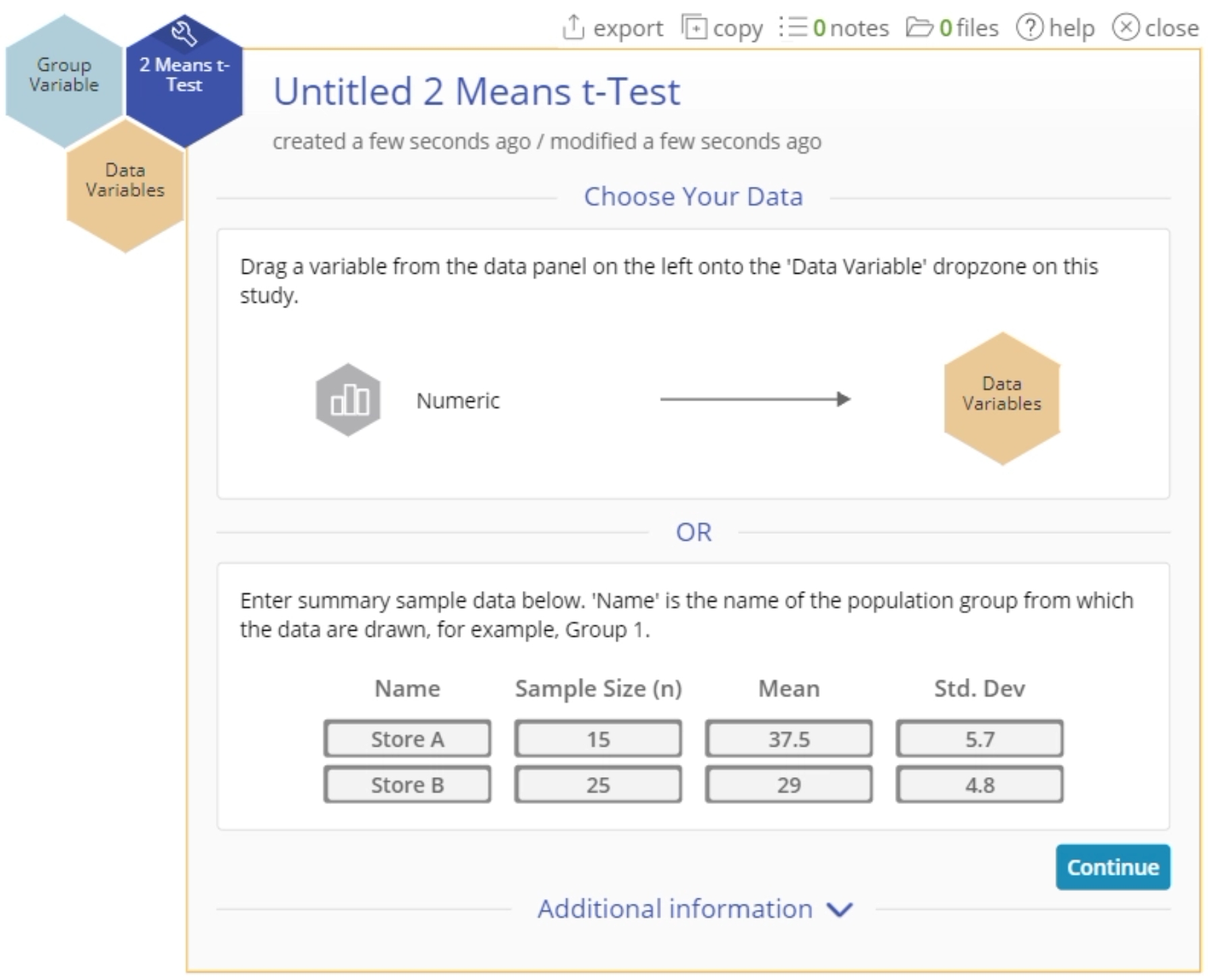 Sample 2 Means t-Test summary data.