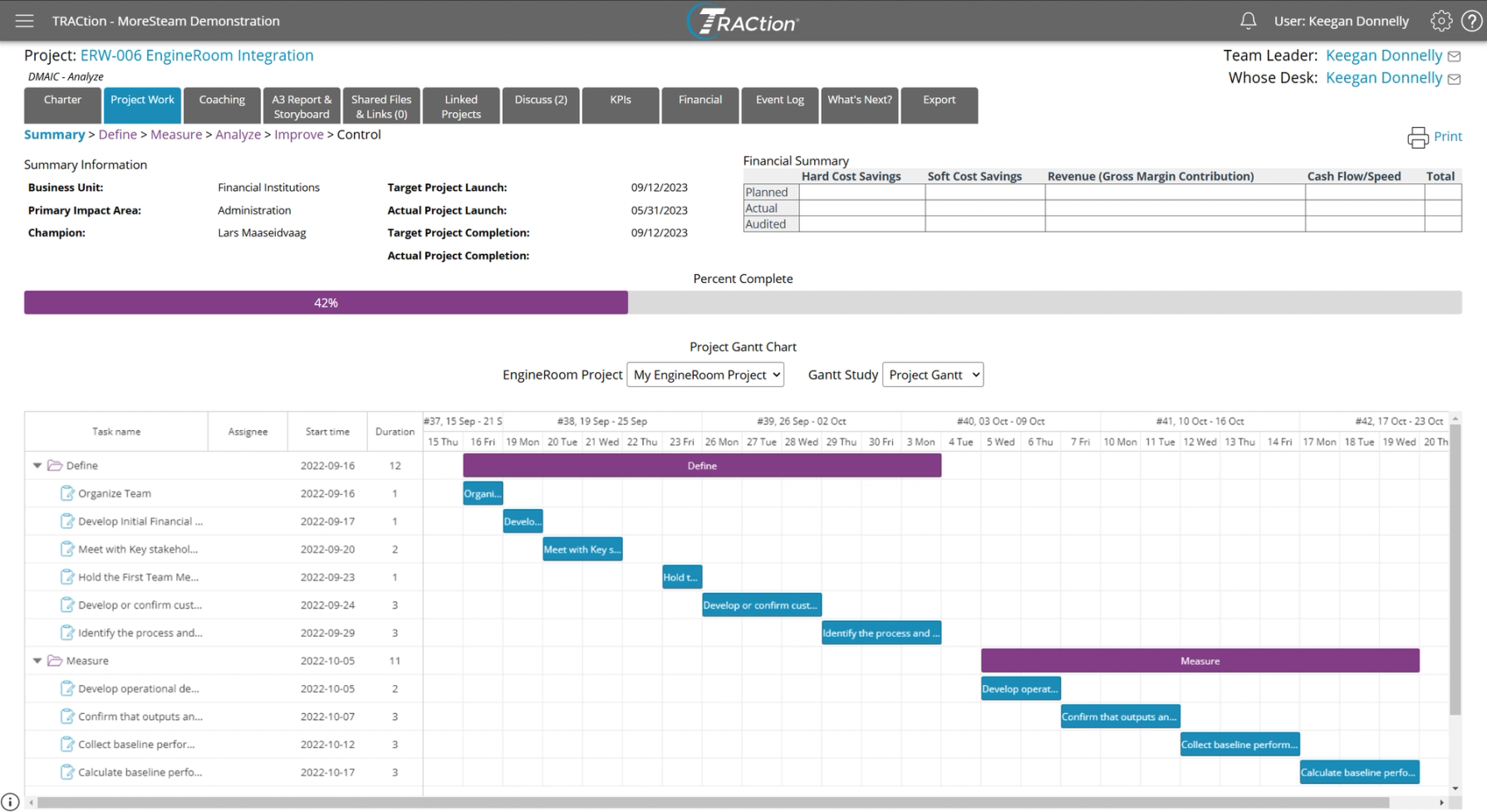 The Project Work page with an EngineRoom Gantt chart visible