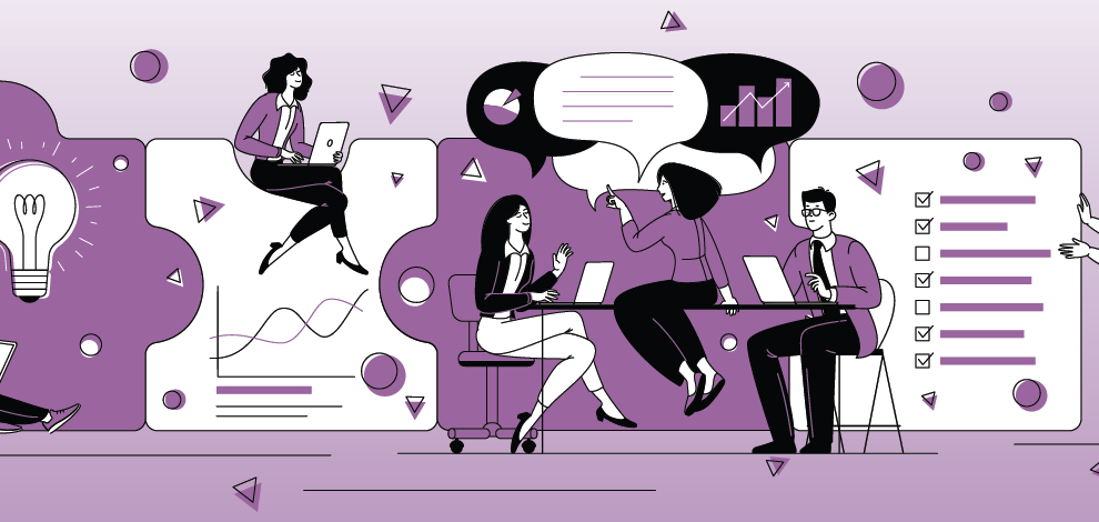 An abstract illustration of people learning, working together, discussing things, and putting the pieces of a puzzle together.