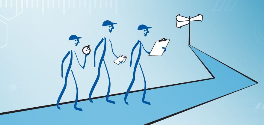 Stick figures with a clip board and timer walking down a road with a road sign