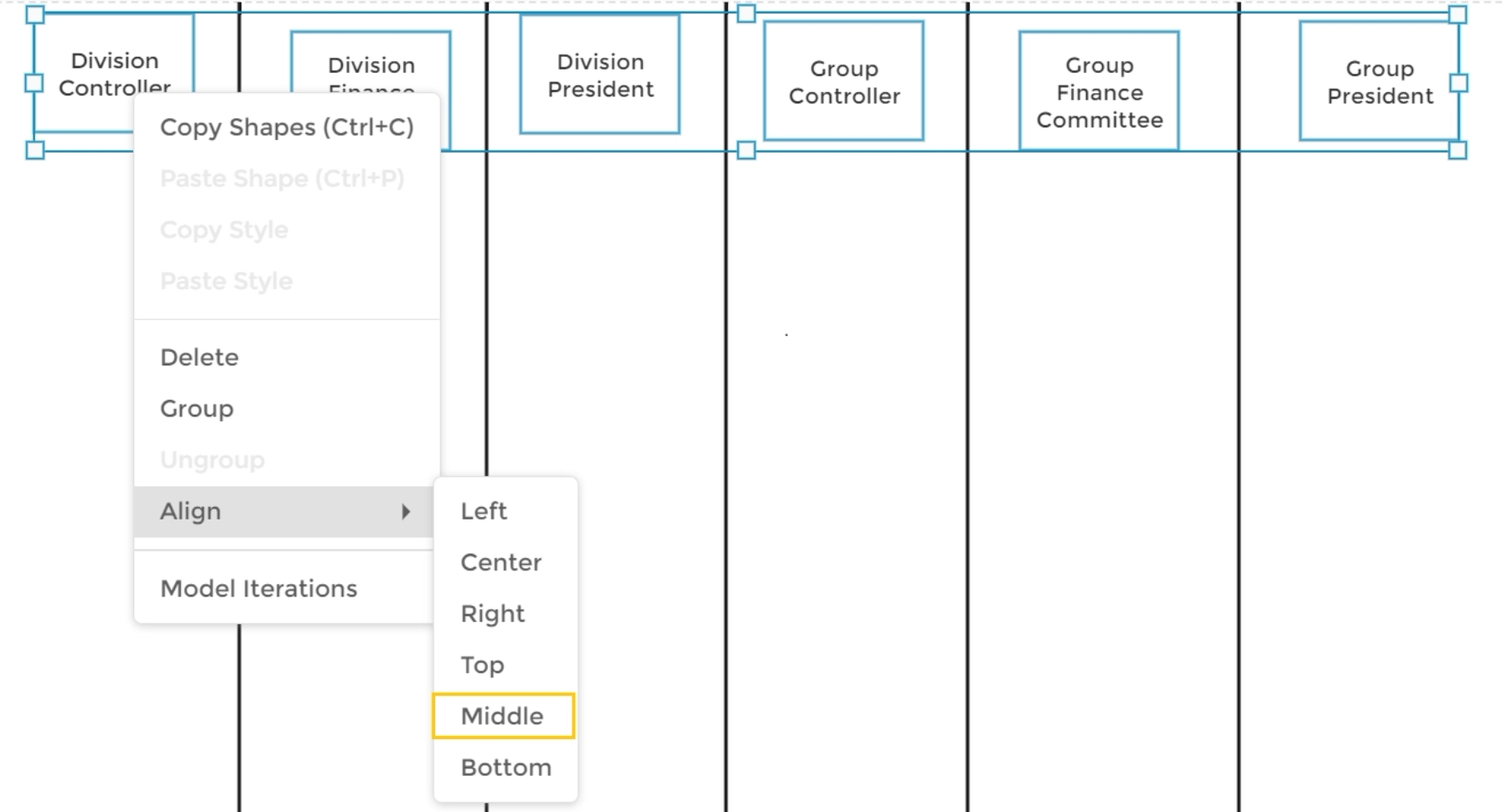 Flowchart dropdown menu to align shape.