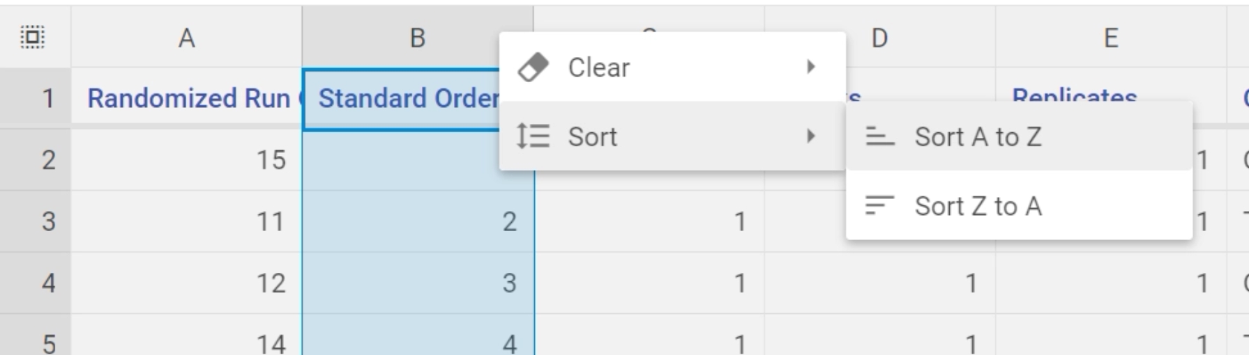Standard order is highlighted and the action to sort is in the menu