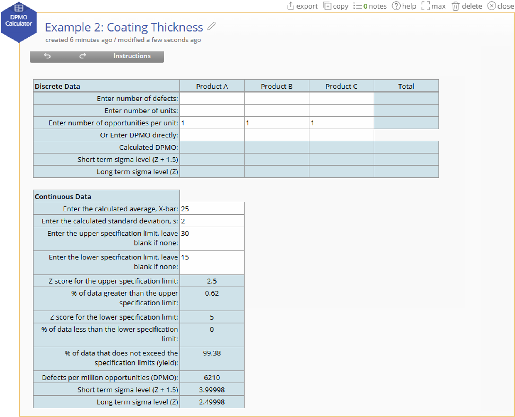 DPMO Calculator Example 2 Screenshot