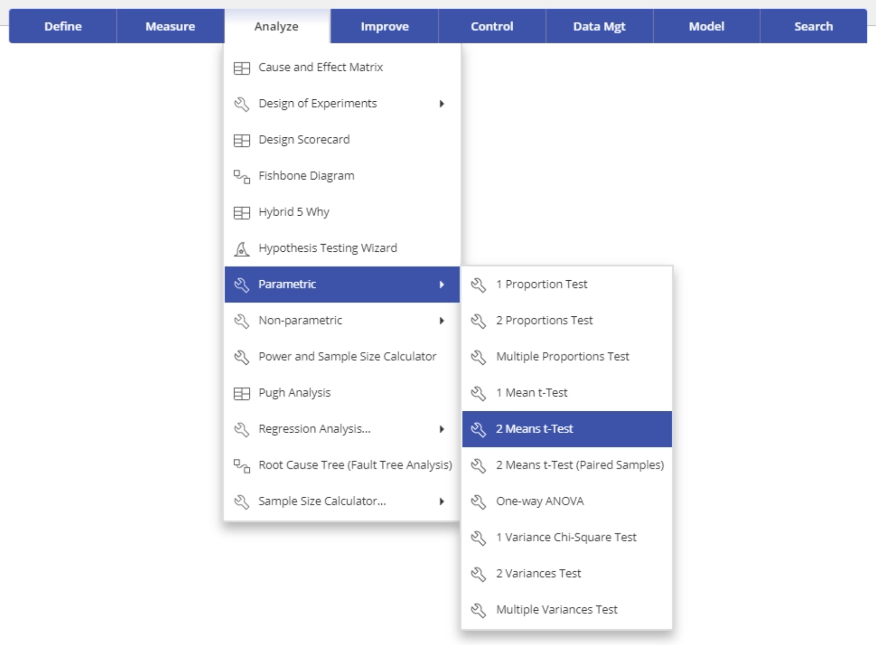 Dropdown menu with "2 Means t-Test highlighted"