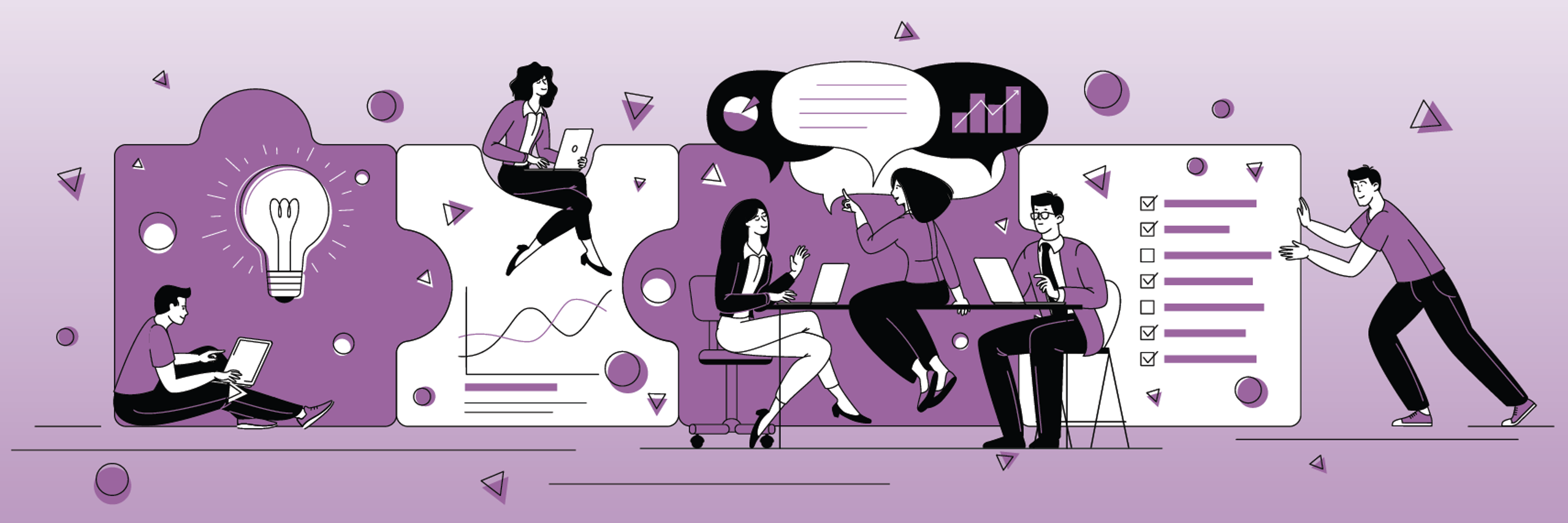 An abstract illustration of people learning, working together, discussing things, and putting the pieces of a puzzle together.