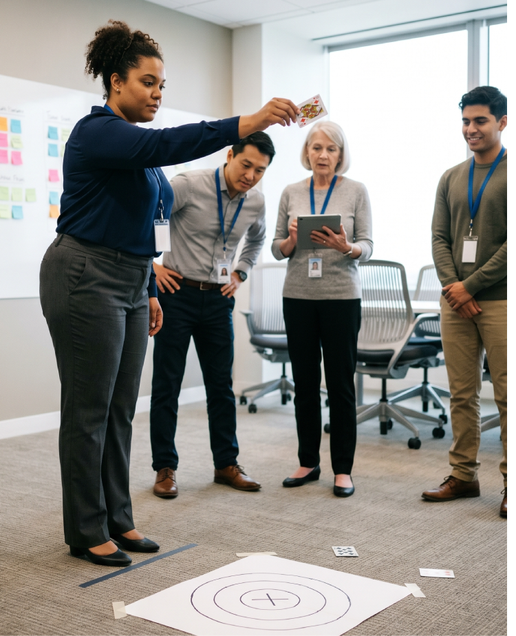 A facilitator dropping a playing card onto a floor target while colleagues observe and record results