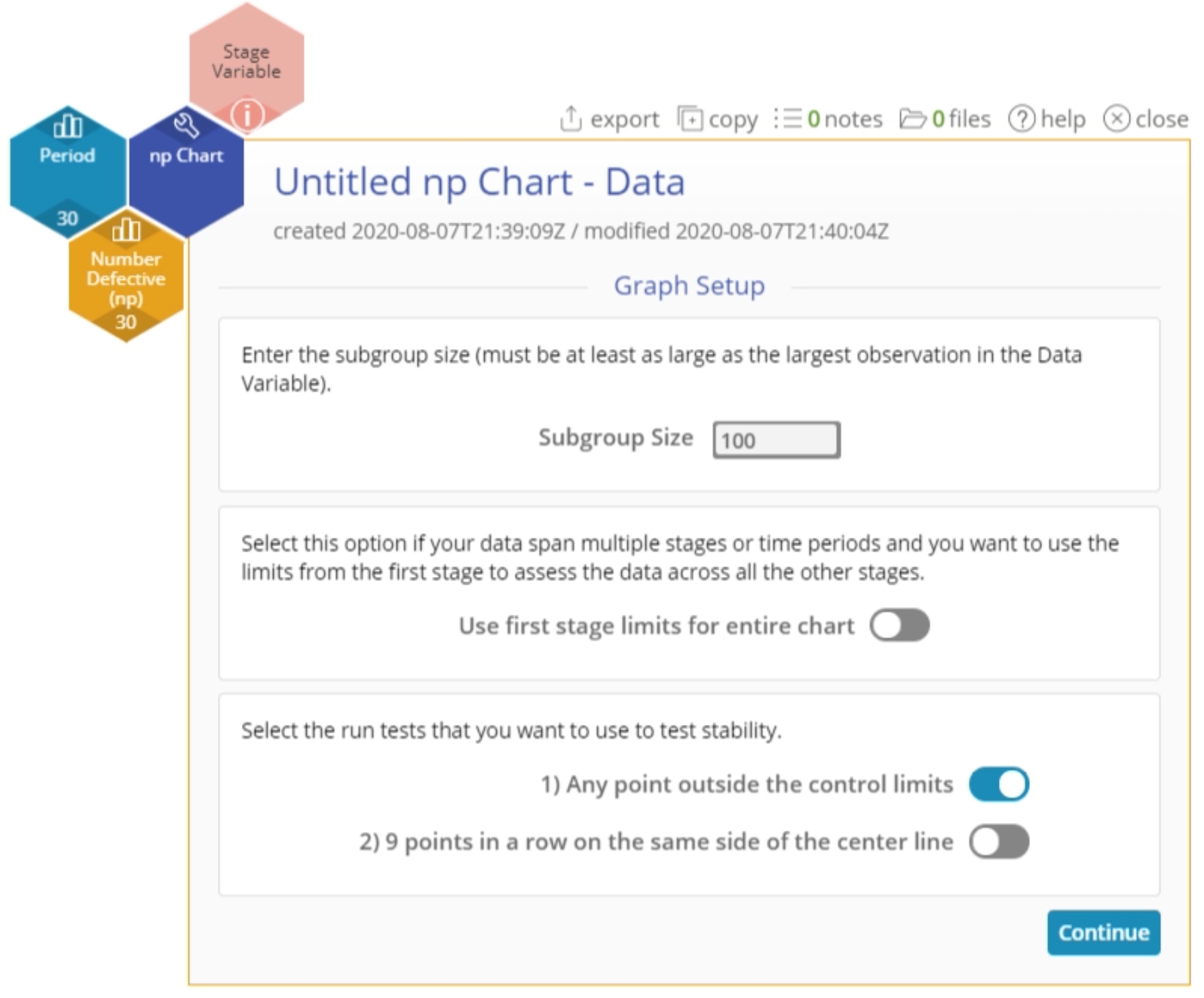 np Chart start up menu with user-specified sub group size.