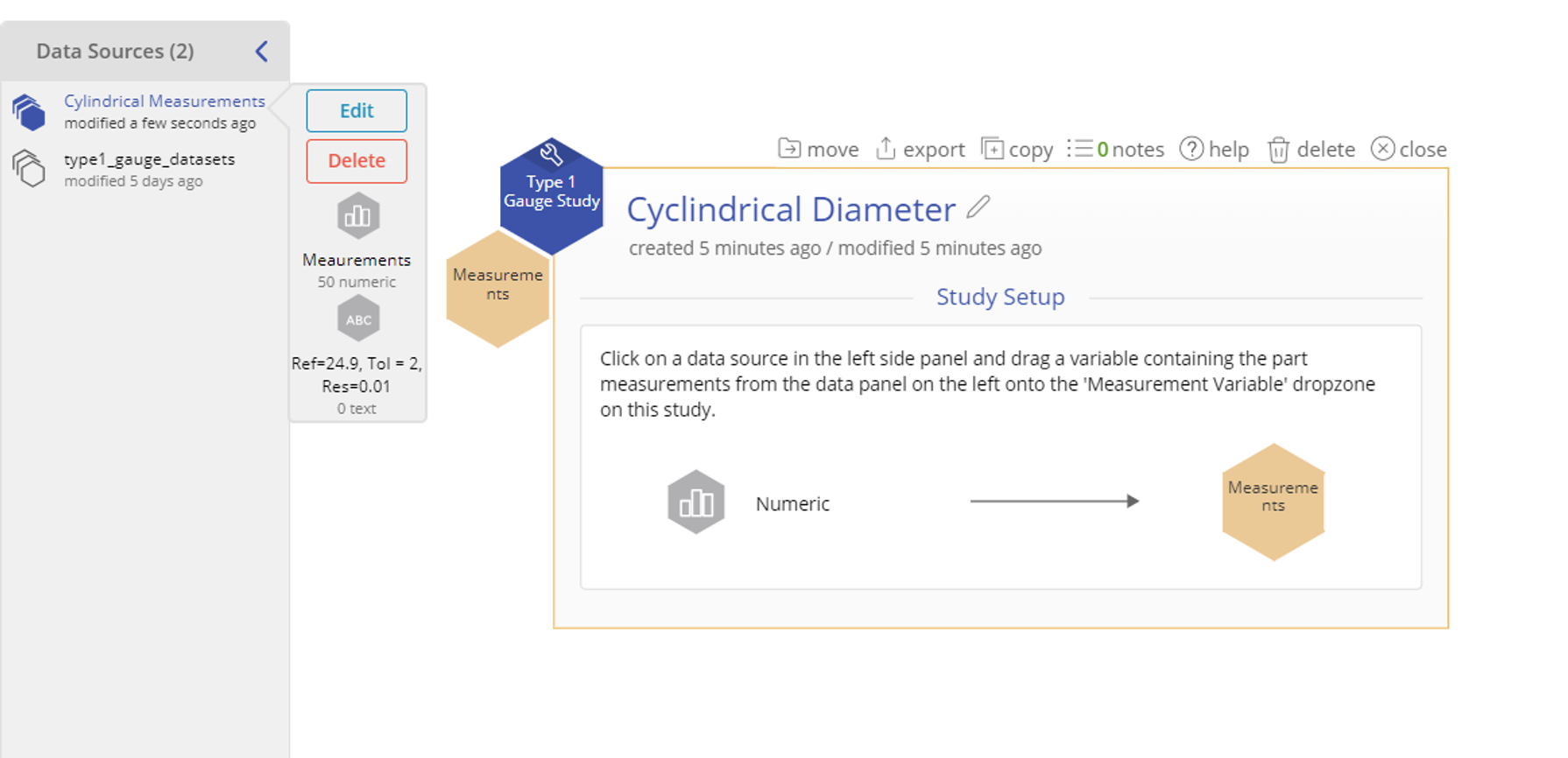EngineRoom's Data Sources panel with a data source called cylindrical measurements open to show the variable called Measurements. The Type 1 gauge study window is also open with a dropzone called Measurements.