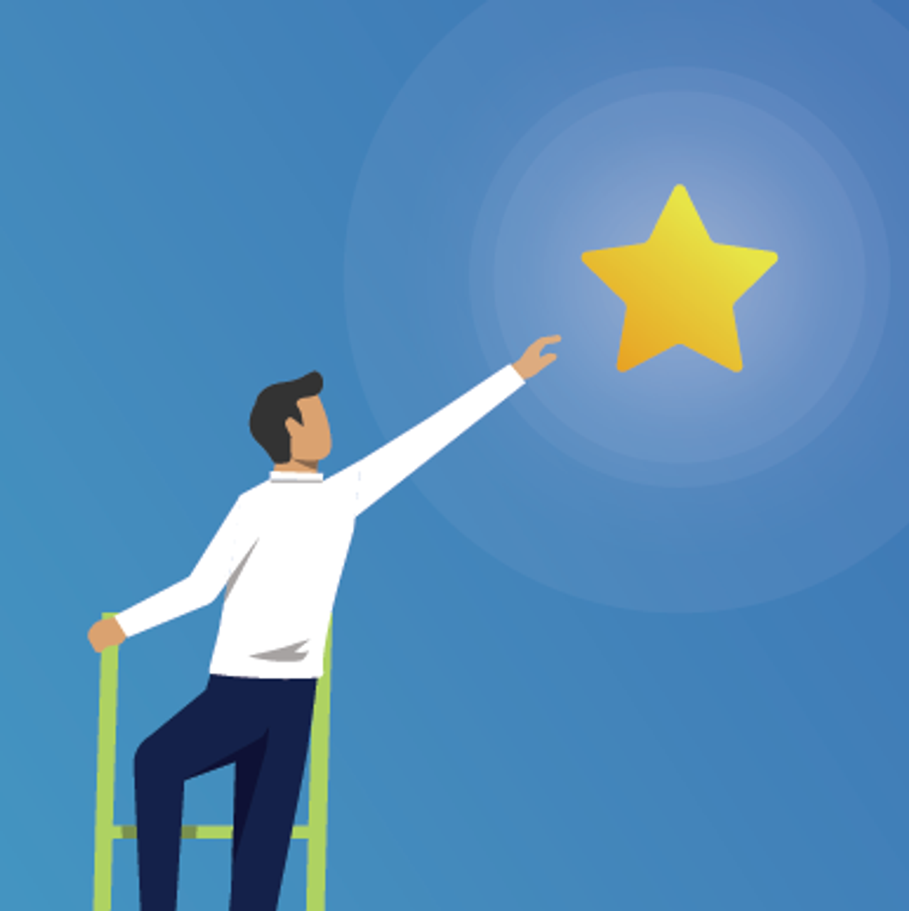 Man on ladder reaching for a star in the sky