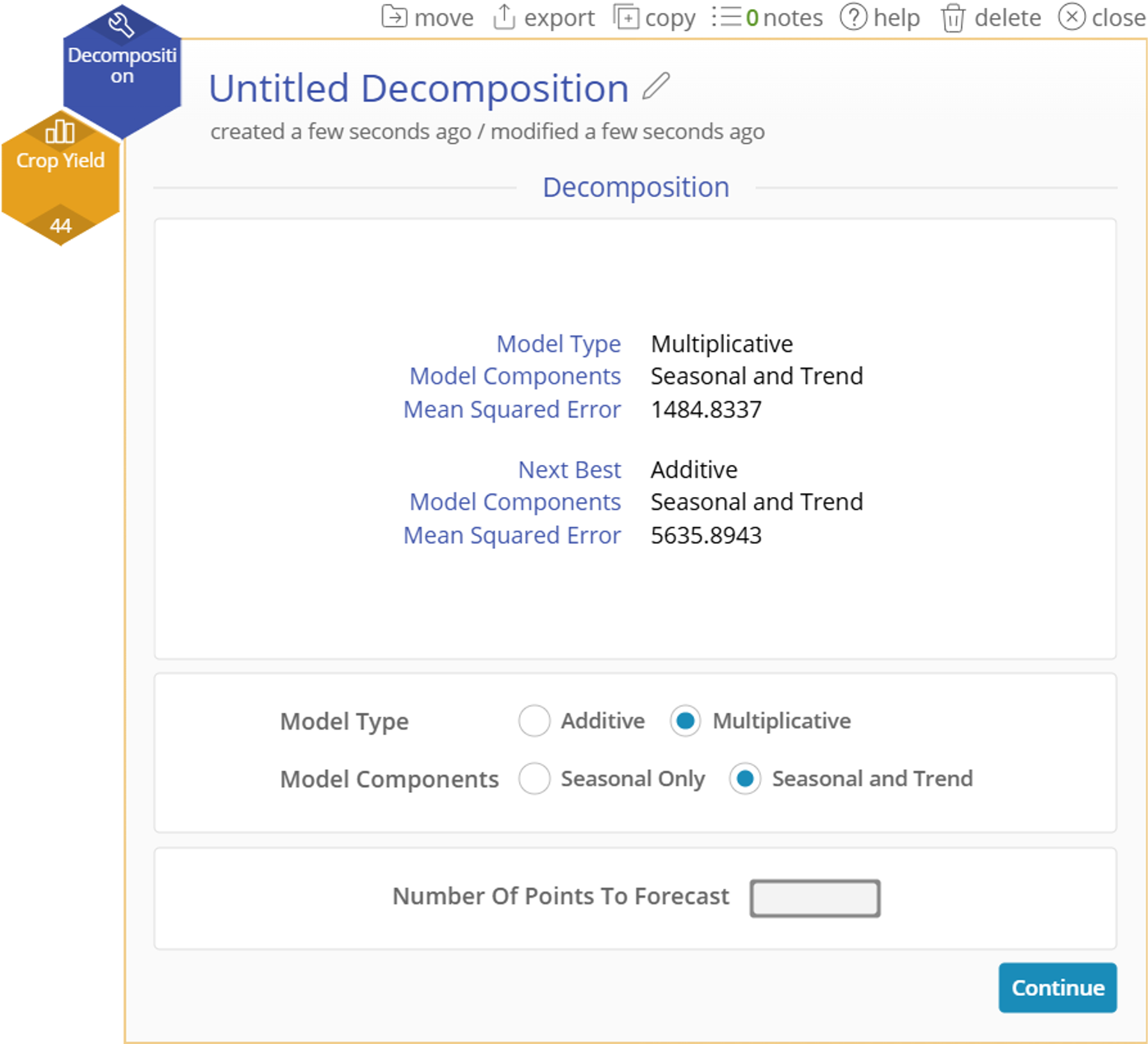 Recommended model is multiplicative with trend and no points to forecast are specified for decomposition example 2
