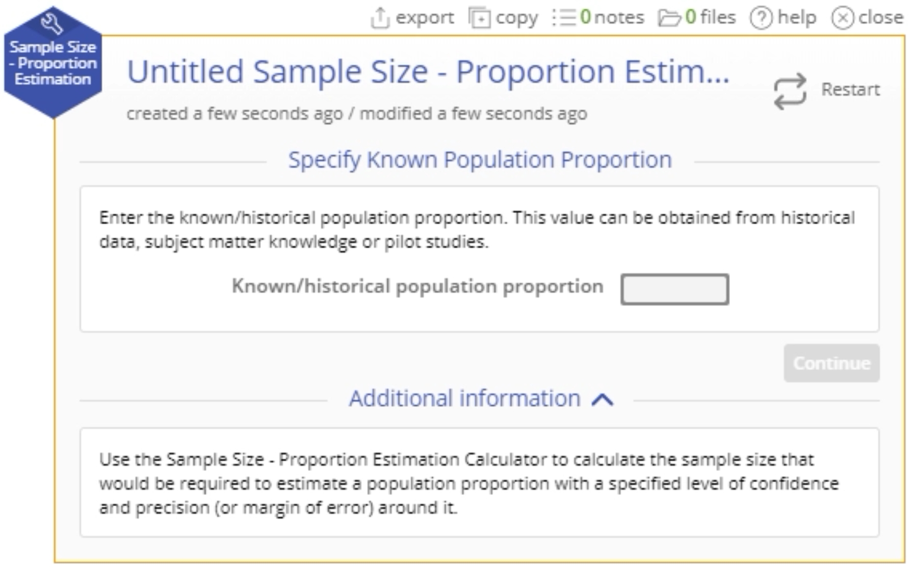 Start up menu for proportion estimation.