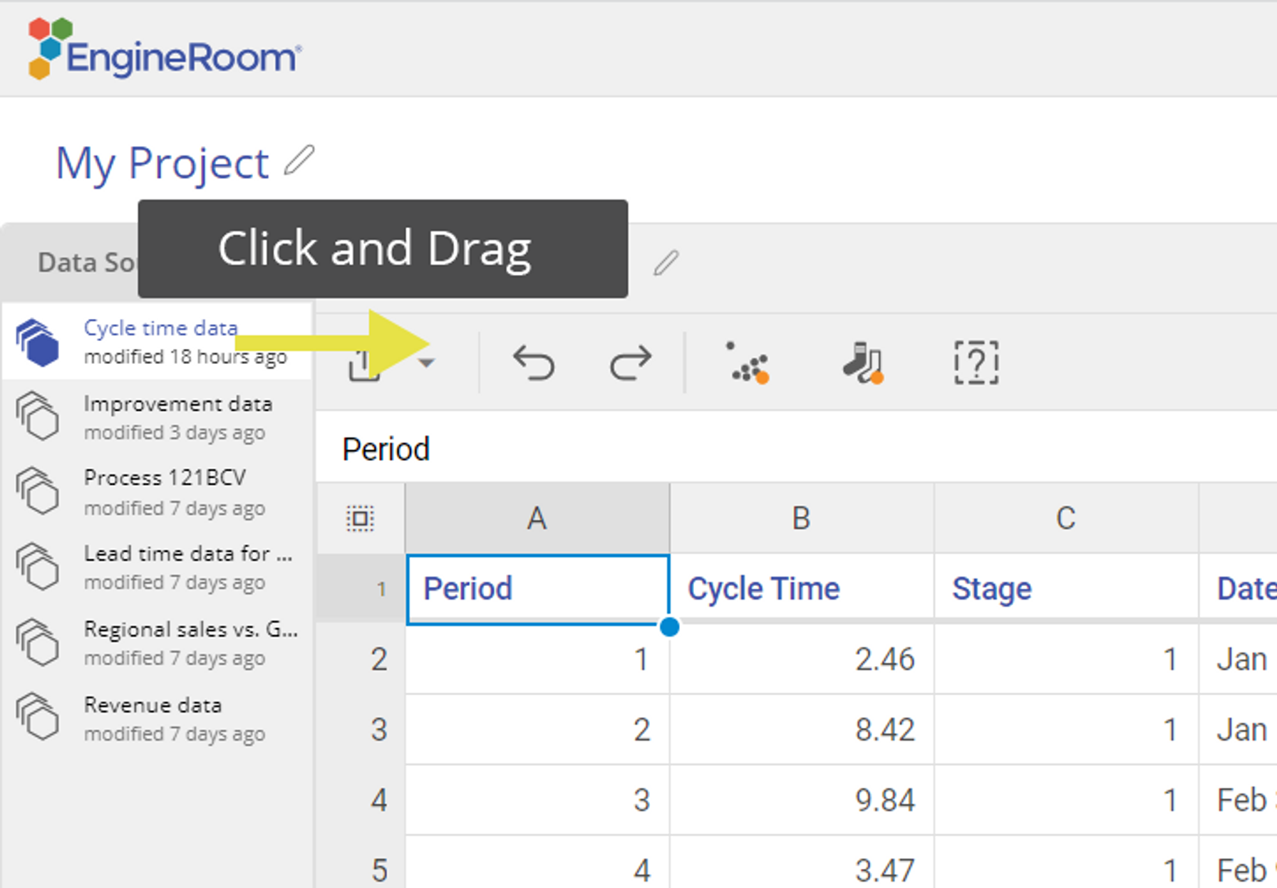 A window showing the EngineRoom data sources panel with an arrow to indicate dragging to open