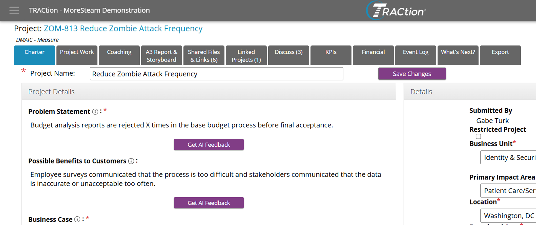 The project tabs on a TRACtion project with "Charter" currently selected.