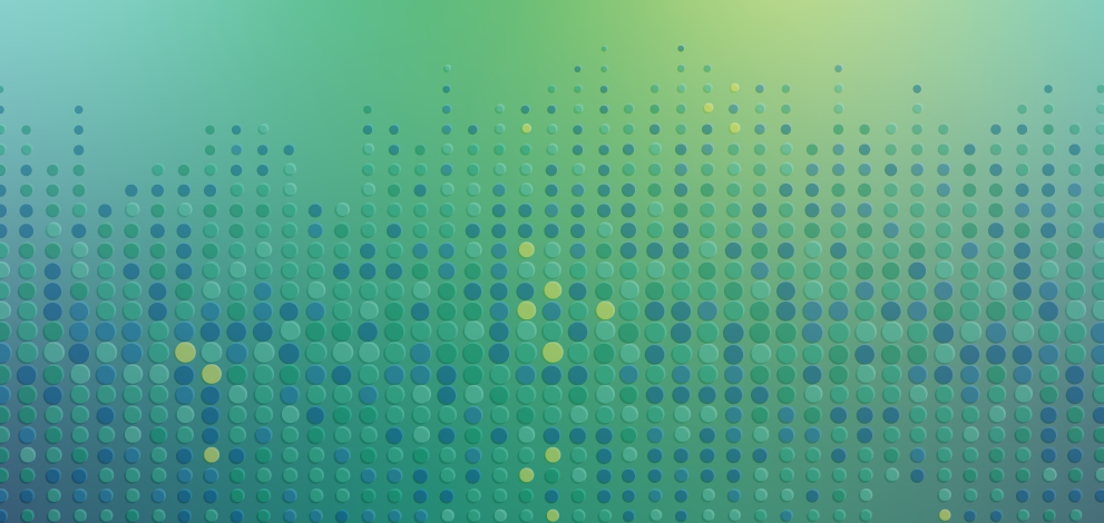 Dots of varying colors of blue with a few sporadic dots that are yellow