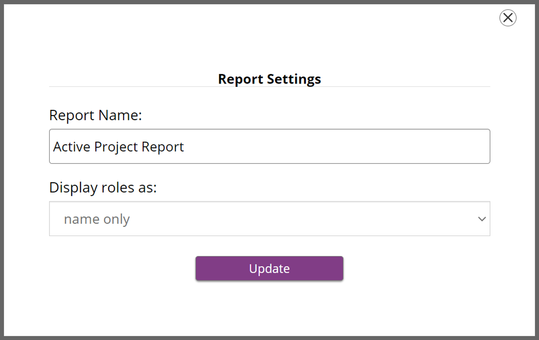 Naming the report Active Project Report and displaying team members as first and last names.