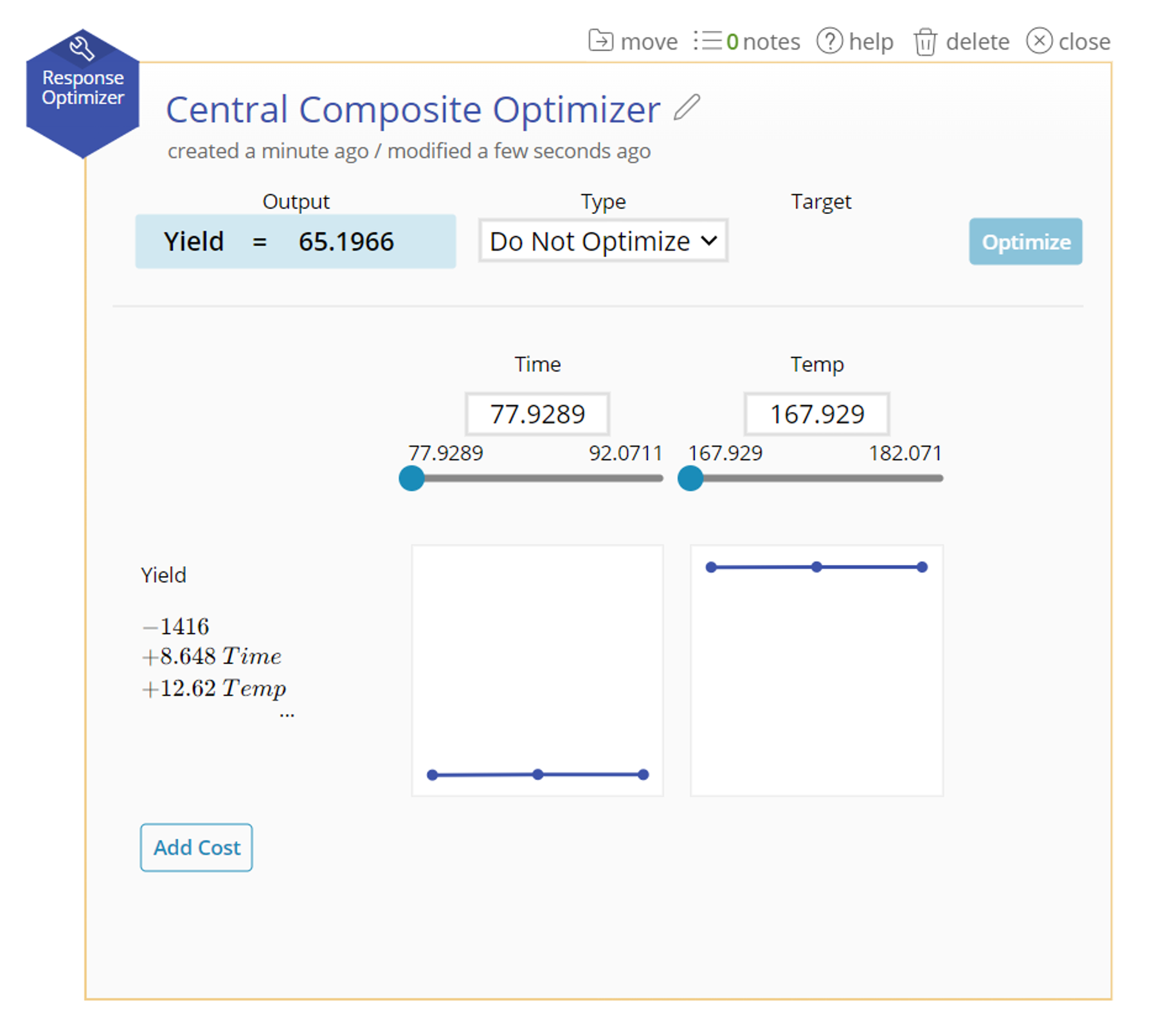 A Response Optimizer window with a highlighted output box, followed by two inputs with sliders to indicate which direction they should go.