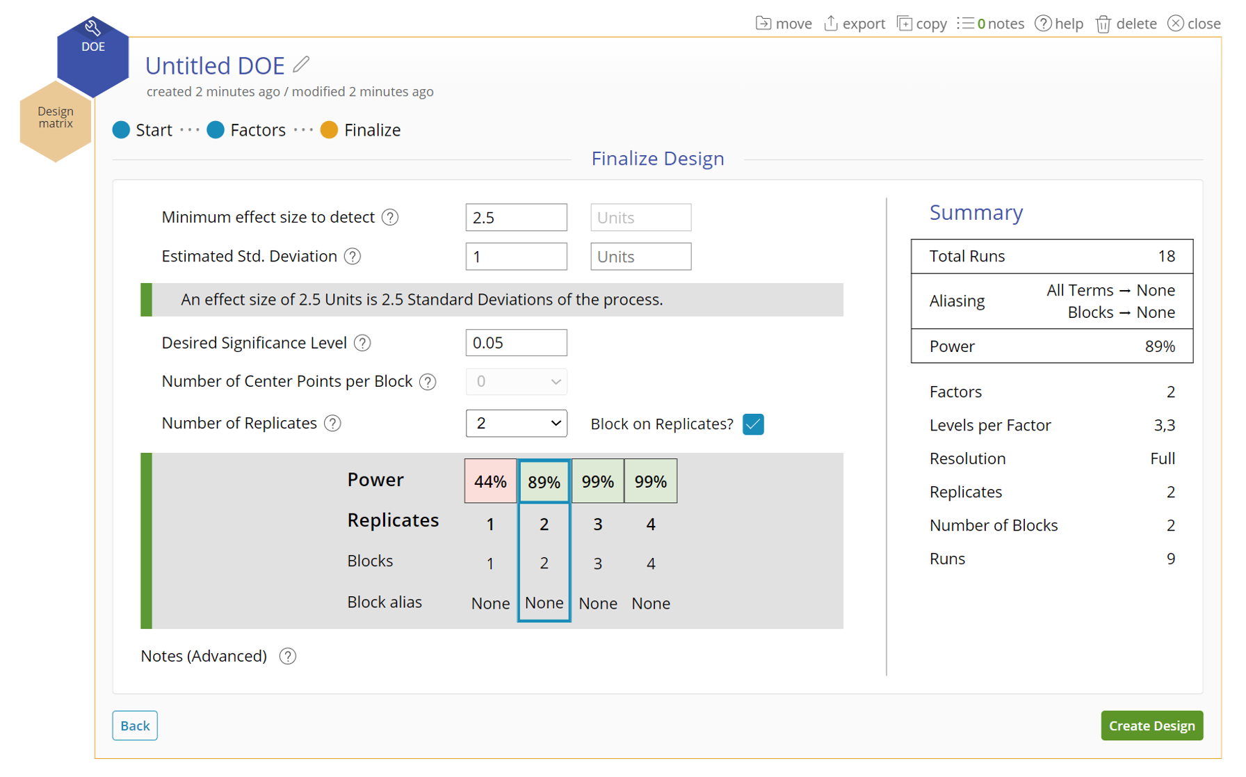 DOE setup slide with input fields for center points, replicates, and other options for creating a general design.