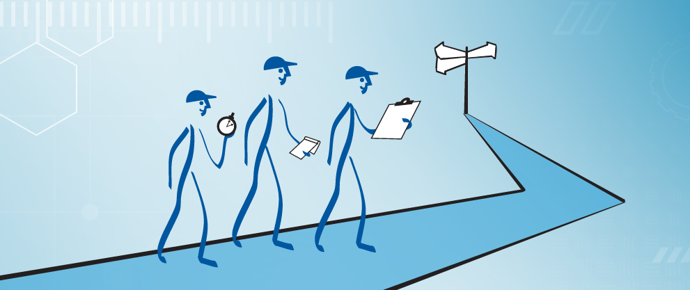 Stick figures with a clip board and timer walking down a road with a roadsign