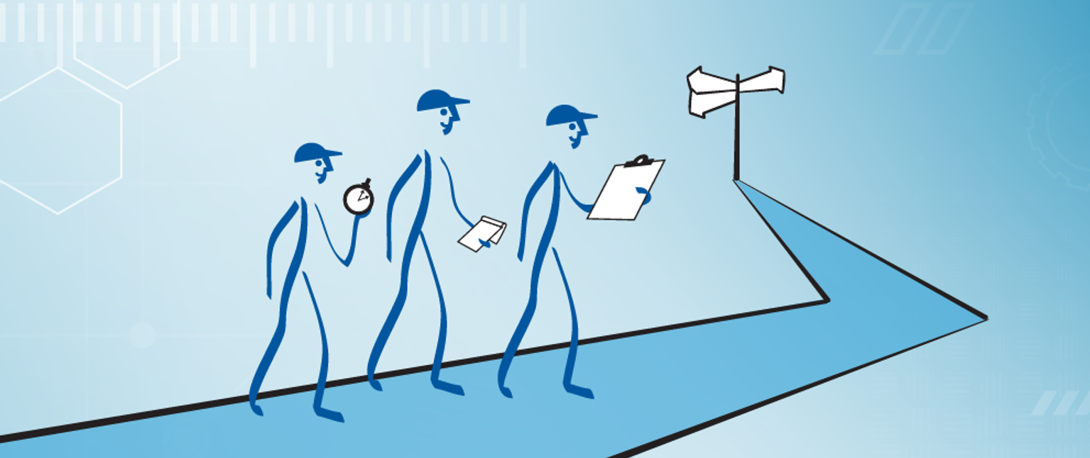 Stick figures with a clip board and timer walking down a road with a roadsign