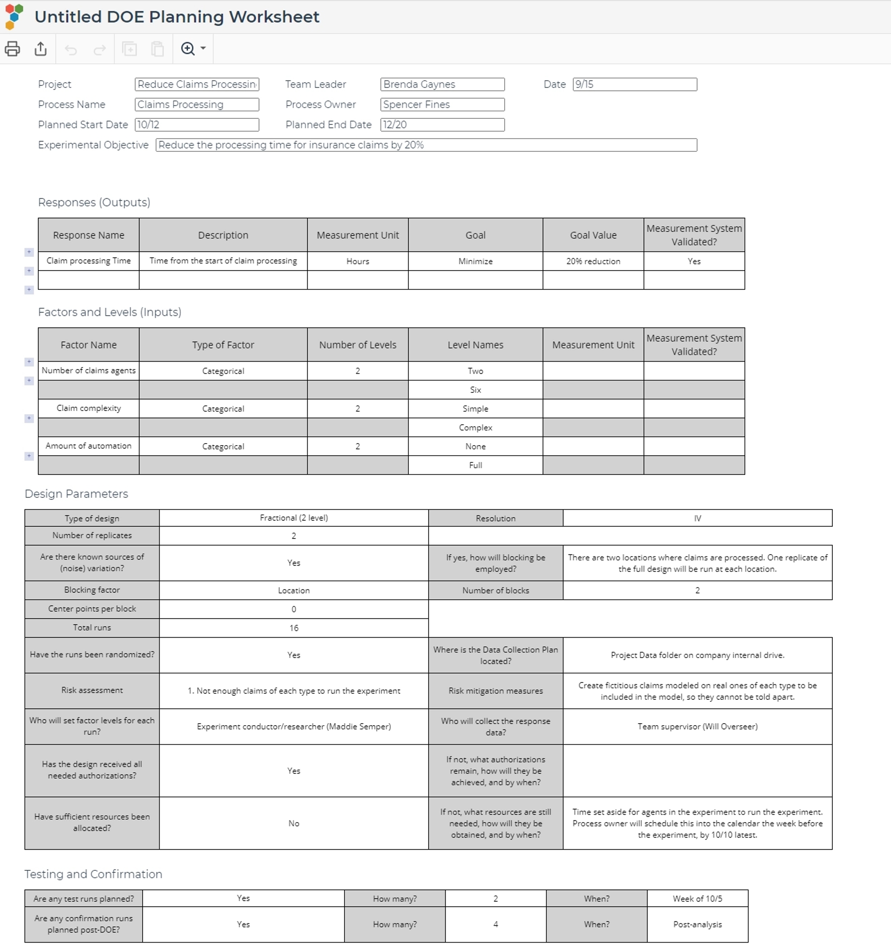 Screenshot of DOE planning worksheet