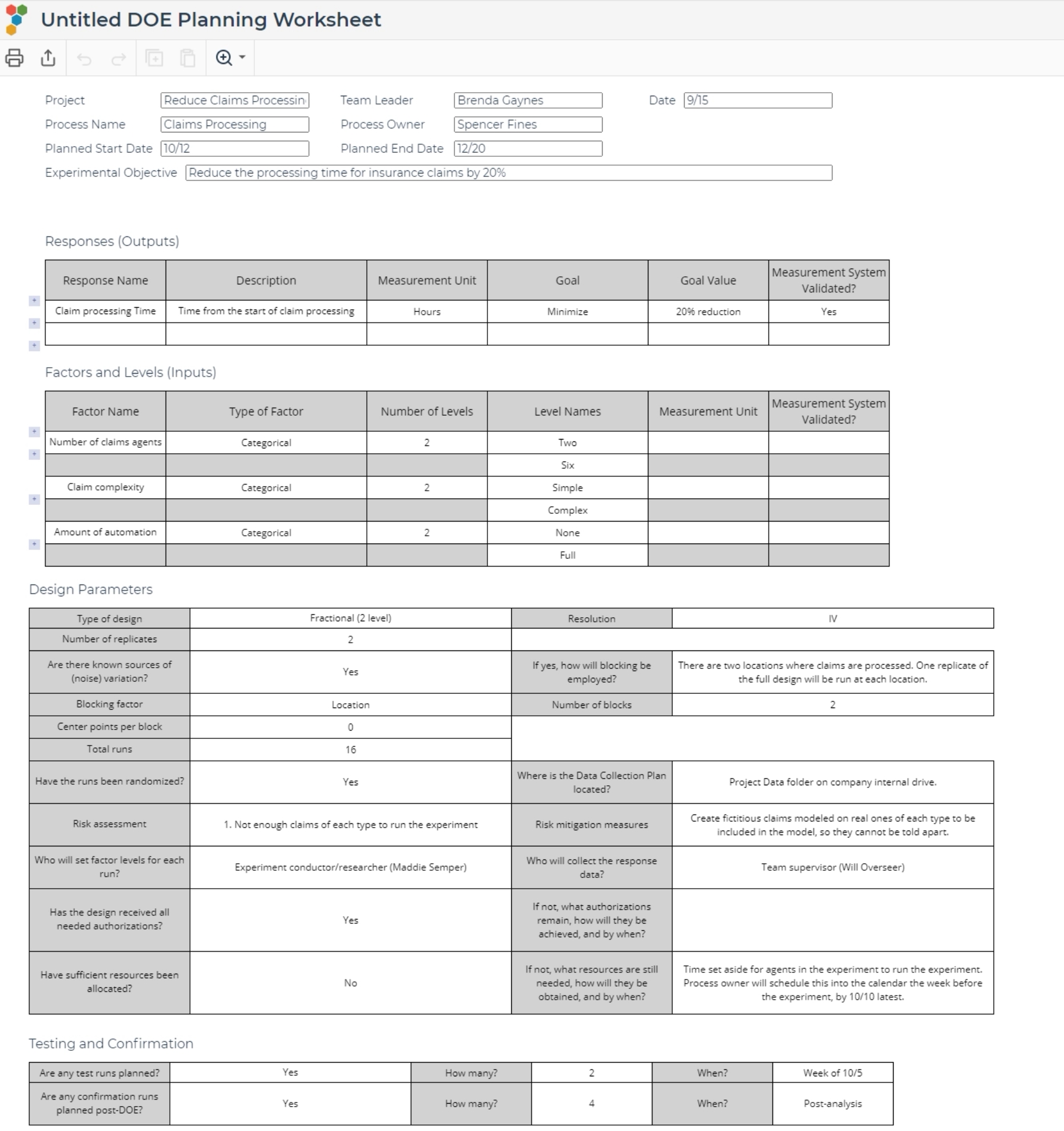Screenshot of DOE planning worksheet
