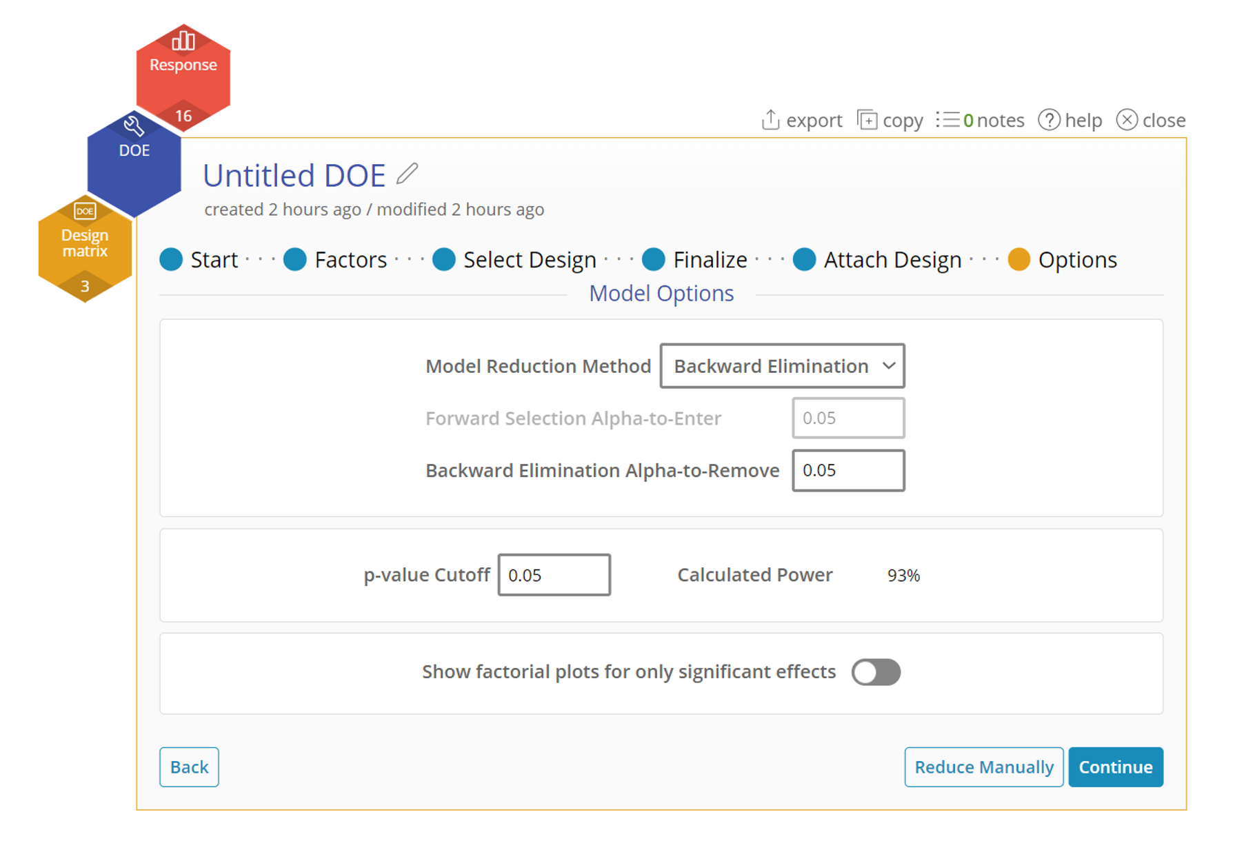 The options screen that indicates there is 93% power in this design
