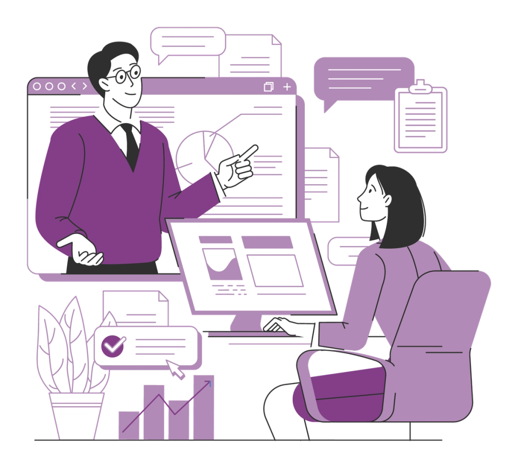 An illustration of a man and woman talking surrounded by documents, graphs, charts, and a computer.