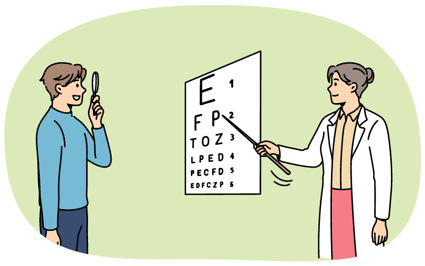 An eye doctor giving an eye exam using an eyesight chart