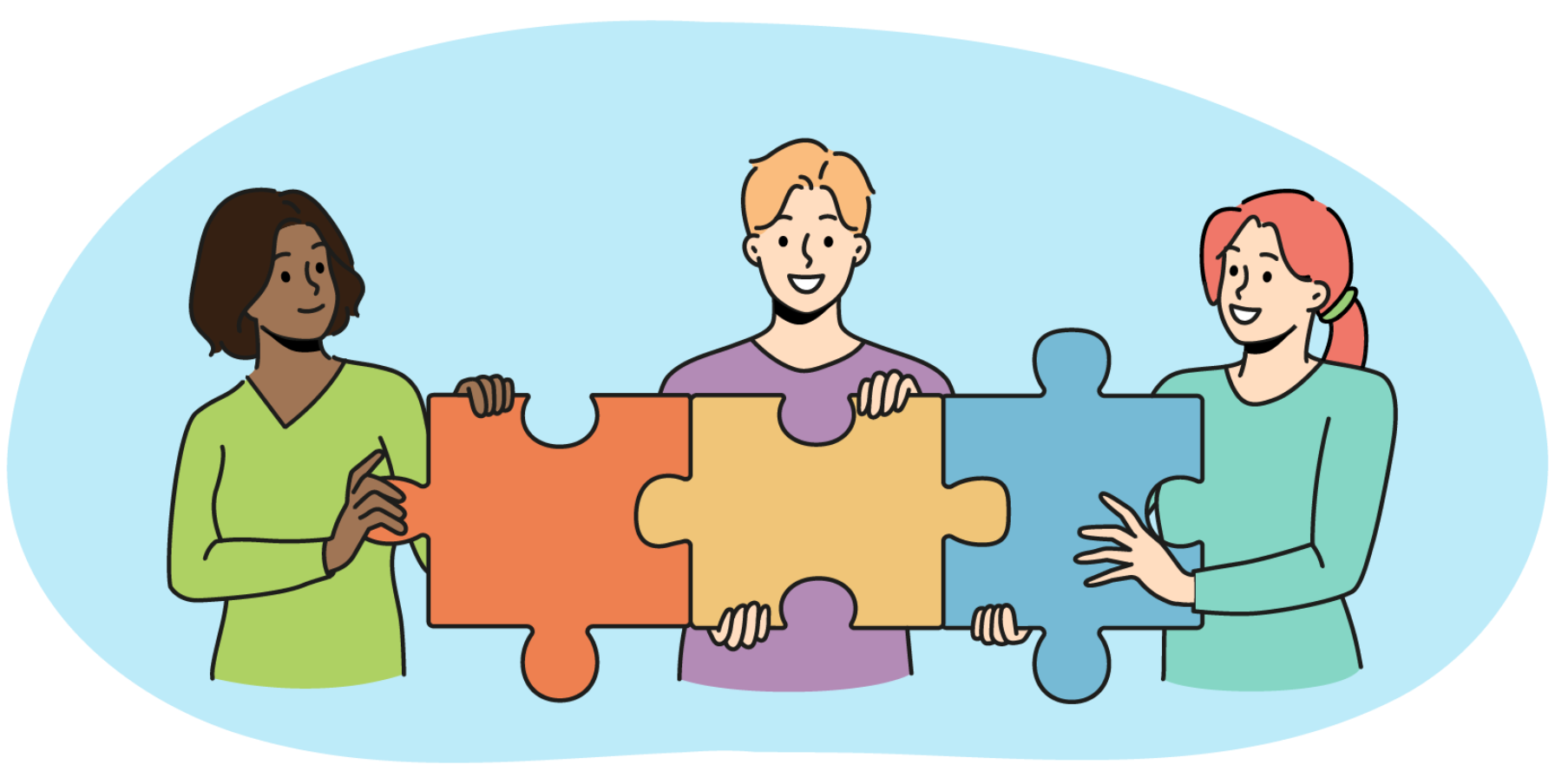The same group of people from the first image showing off a completed set of puzzle pieces, having successfully solved the problem