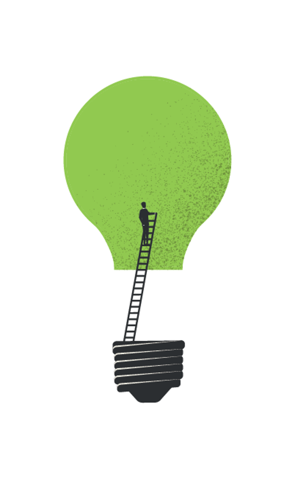 A man climbing a ladder to inspect part of a giant lightbulb