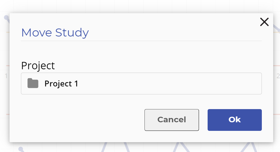 Move Study modal showing a selected project called Project One and an enabled okay button