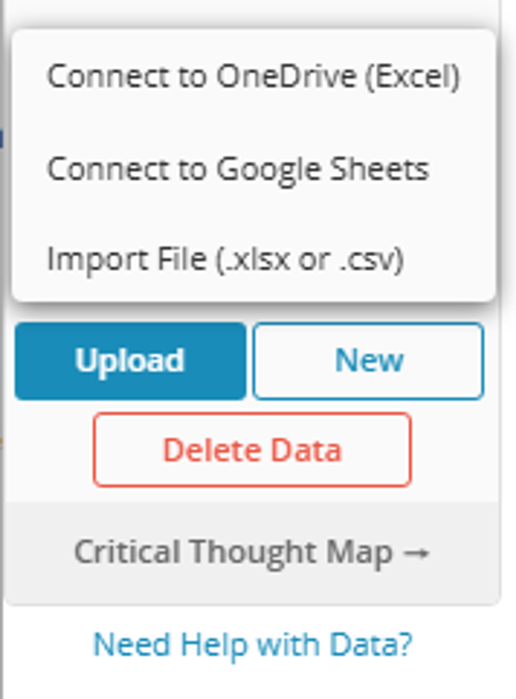 Dropup menu for Upload showing Import File, Connect to Google Sheets, and Connect to One Drive