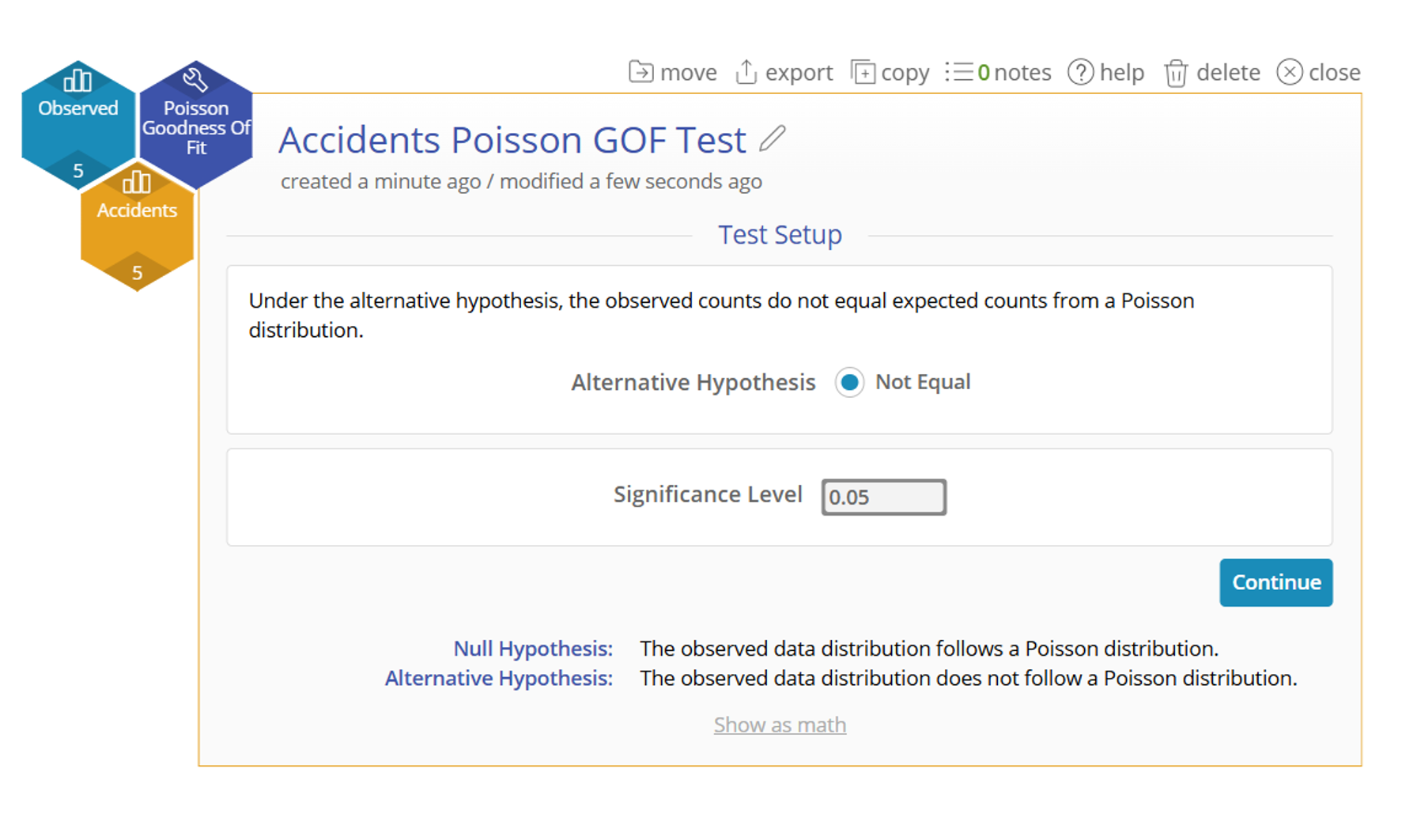 Set up screen showing the alternative hypothesis and significance level of 0.05