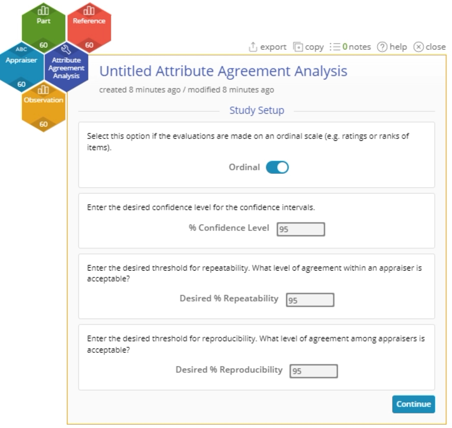 Attribute agreement ordinal setup menu.