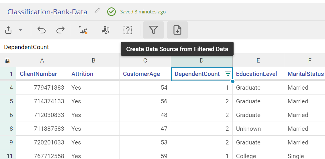 Toolbar with Create Data Source from Filtered Data highlighted