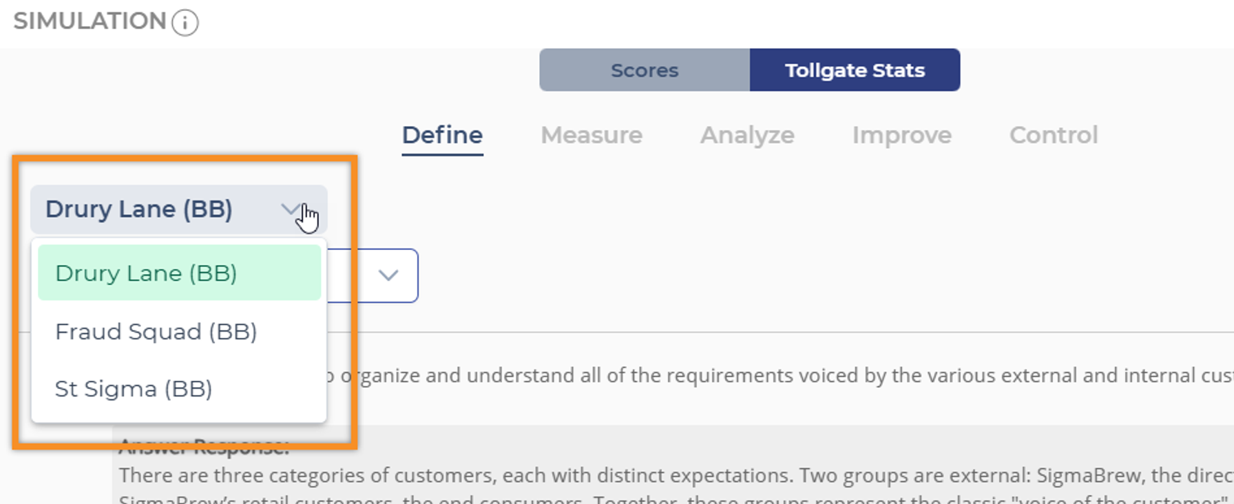 image of the simulation drop-down in tollgate stats