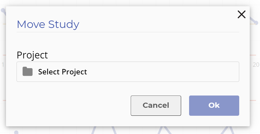 Move study modal showing a Select Project dropdown and disabled okay button
